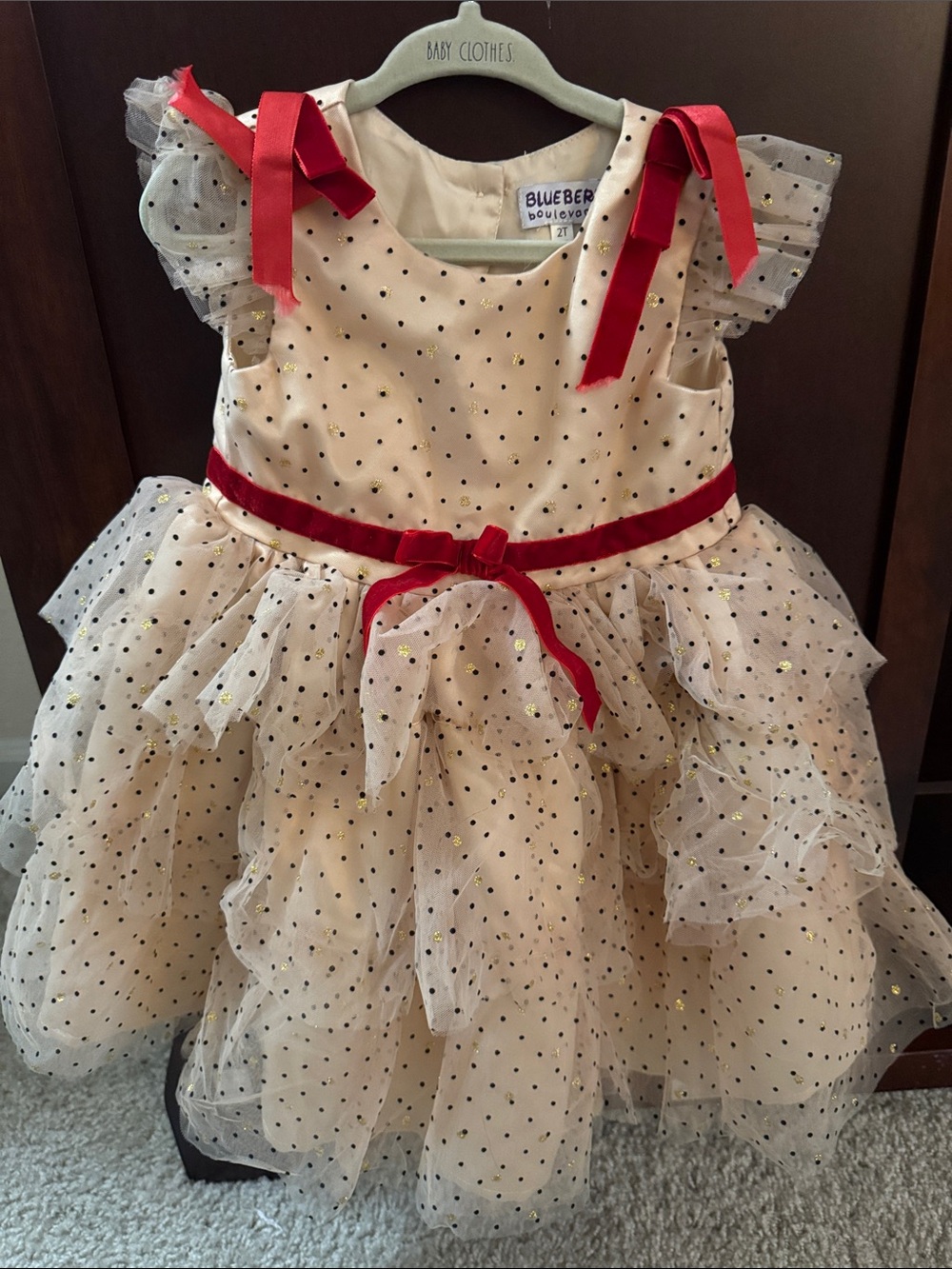 Blueberi Boulevard Cream Polka Dot Tulle Dress with Red Ribbon Accents